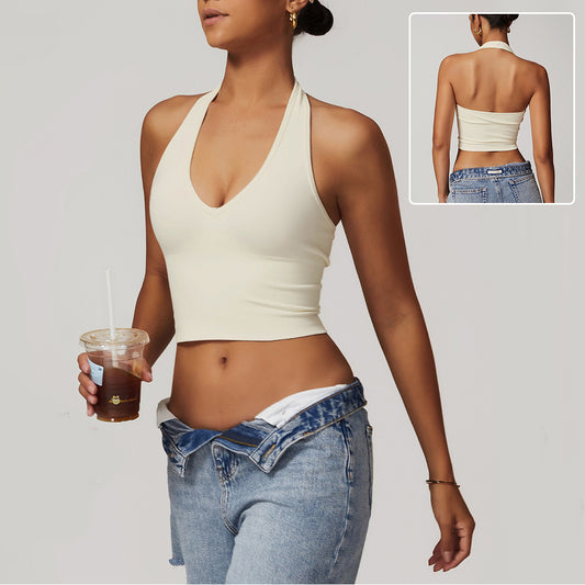 Women's Halter Cropped Top Beauty Back Yoga Bra Seamless Fitness Sports Vest